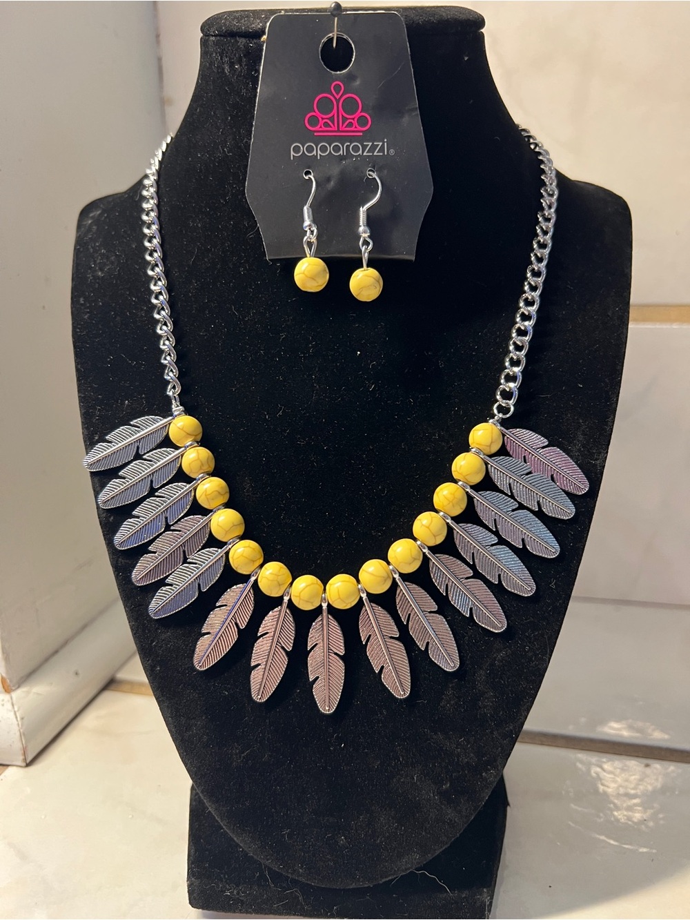 Paparazzi Yellow Beaded Feather Collar Necklace with Matching Earrings